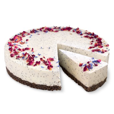 Makový cheesecake (tvarohový dort) předkrájený na 12 porcí alergeny 1,7 Lehký dezert tvořený sušenkovým korpusem s velkým množstvím mletého máku, doplněný nadýchaným krémem z čerstvého sýra obohaceným zrníčky celého máku.