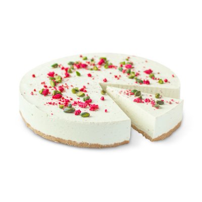 Pistaciový cheesecake 12 porcí alergeny 1,7,8 Sušenkový korpus a vysoká vrstva lahodného tvarohového krému s pistáciovou příchutí. Na svém povrchu je dort ozdoben lyofilizovanými malinami a pistáciemi.