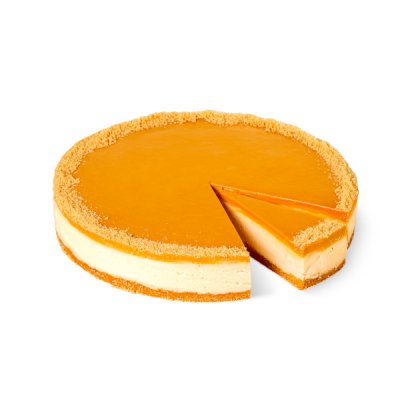 Cheesecake s bílou čokoládou a karamelem předkrájený na 12 porcí, alergeny 1,6,7  Lehký a nadýchaný krém ze sýru a smetany, který je doplněný o bílou čokoládu s karamelem. Sušenkový korpus.