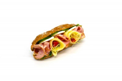 Obložený selský rohlík - šunka od kosti, gouda, vejce, vajíčková pomazánka, čerstvá zelenina  1,3,7,10