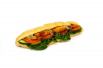 Bageta s kuřecími řízečky - kuřecí prsní řízečky, čerstvá zelenina, hořčicový dresink 1,3,7,10