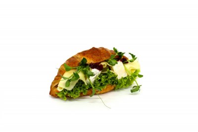 Croissant s goudou a hermelínem - pomazankový krém, čerstvá zelenina, brusinky 1,3,7