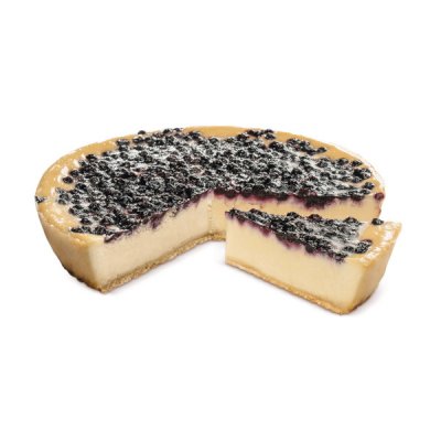 Borůvkový cheesecake - tvarohový dort s bohatou vrstvou borůvek na povrchu. Předkrájený na 12 porcí.