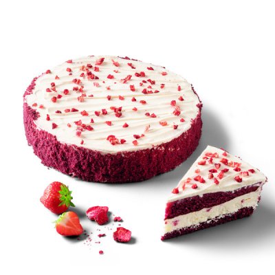 Red Velvet jahodový dort  nakrájen na 14 porcí