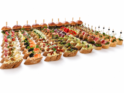 Velký degustační set 100ks - 5 kuřecích mini burgerů, 5 hovězích mini burgerů, mix 50 kanapek a mix 40 jednohubek