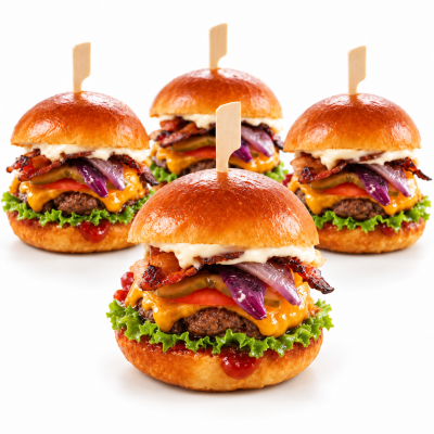 Mini hovězí burger s čedarem, slaninou, cibulovým chutney a zeleninou  1,7,3, 10,11